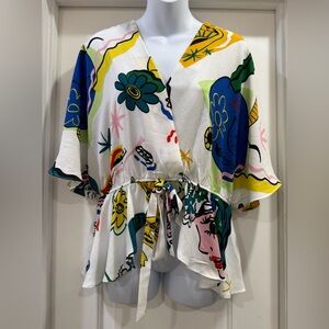 Sweet Rain Pop Art Kimono Blouse Top Size Large